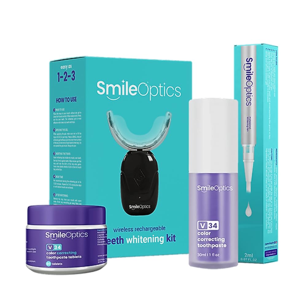 SmileOptics ProDental Bundle - LED Teeth Whitening Kit with V34 Purple Toothpaste Gel Pen and Color Correcting Tablets