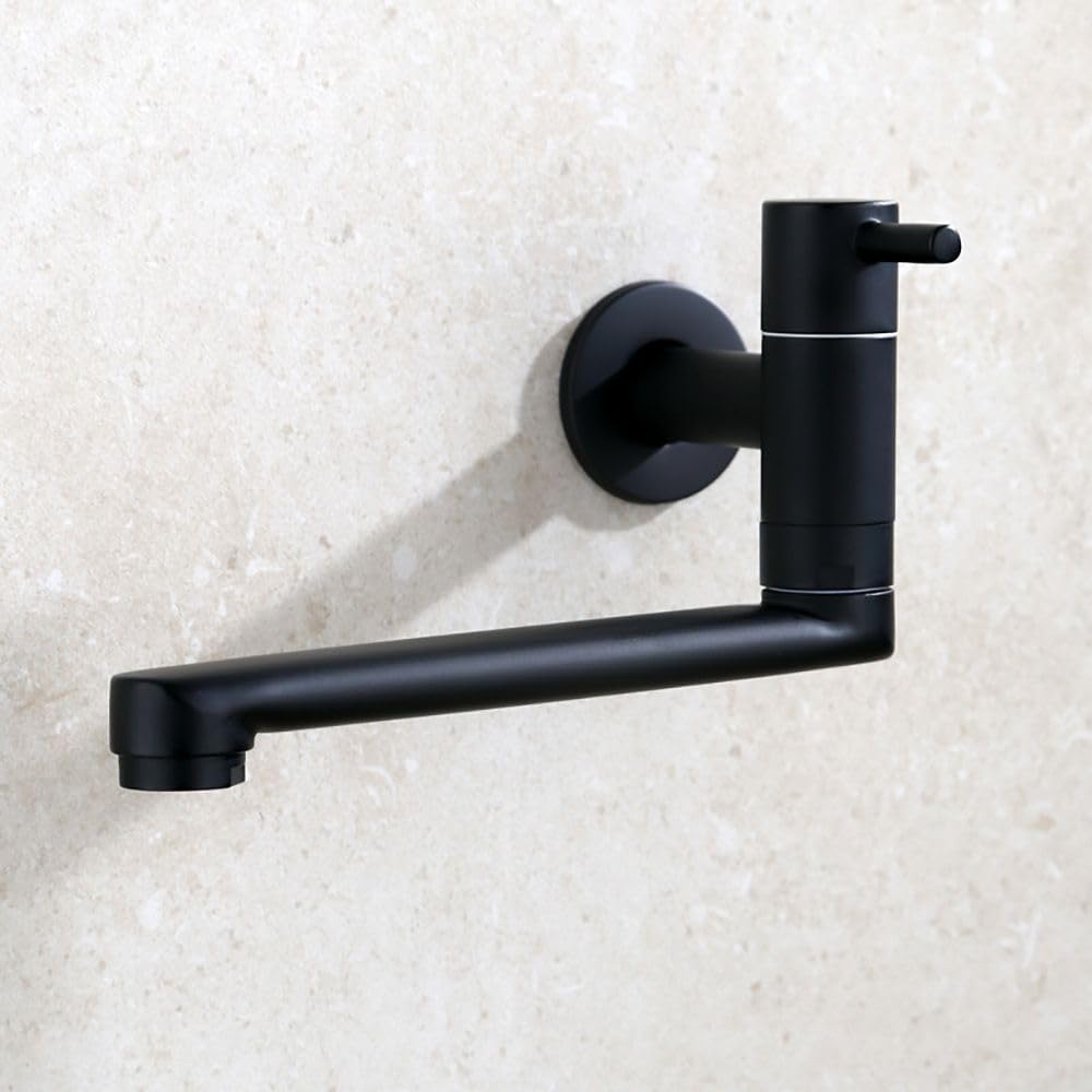 HomeLava Rubinetto da cucina, montaggio a parete, solo acqua fredda, rubinetto da parete, rubinetto per acqua fredda con 360 rotante, beccuccio lungo 23 cm, in acciaio inox, nero