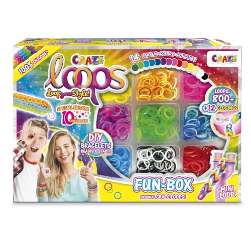 CRAZE loops Fun Box - Lot de 800 élastiques pour loom - Avec fermoirs et aide - Pour fabriquer soi-même des colliers, des bagues et des bracelets - Mélange...
