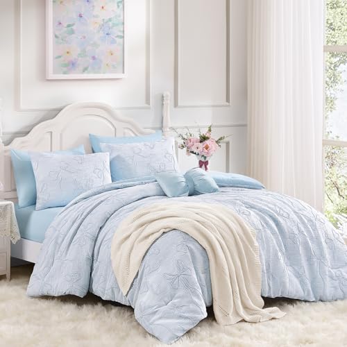 Image of Andency Full Size Cute Comforter Set, 3 Pieces Light Blue Boho Tufted Bedding Set, 3D Puffy Bow Comforters for All Seasons (1 Comforter, 2 Pillow Shams), 79 inchx90 inch, Light Blue