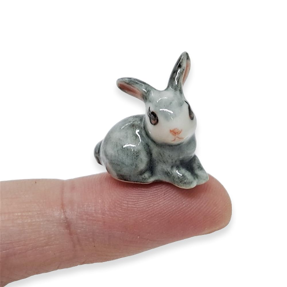 WitnyStore ¾ Inch Grey Crouch Rabbit Ceramic Figurine for Terrarium Decoration Collectible Statue for Adult Collectors Handcrafted Porcelain Ornament Sculpture Home Room Tabletop Decor