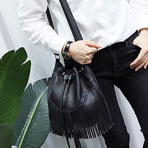 Women Small Fringed Faux Leather Crossbody Bag Drawstring Shoulder Bag Boho Bucket Bag2