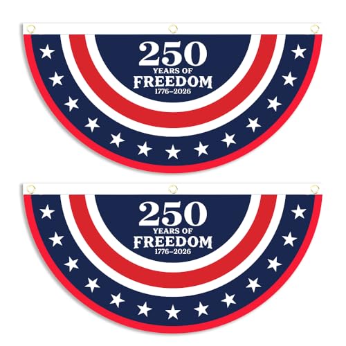 Waybla 2 PCS 250th Anniversary USA Flag Bunting Banner 1.5 x 3 FT 1776-2026 Patriotic Half Fan Flags American Anniversary Decorations for Porch Fence Wall and Outdoor Party Decor