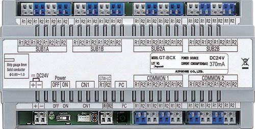 Aiphone GT-BCX Expanded Audio Bus Control Unit mounted on a DIN rail