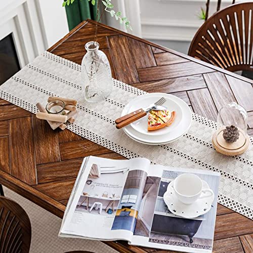 Chemin de table en lin haut de gamme beige tissé à pompons