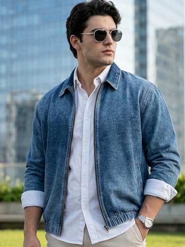 Image of Urbano Plus Men's Relaxed Fit Full Sleeve Harrington Denim Jacket
