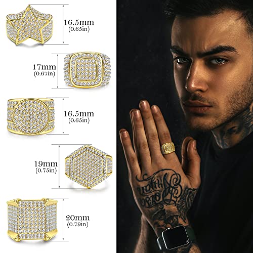 Magitaco 5Pcs 18K Gold Plated Bling Pinky Ring Simulated Diamond Iced Out Ring Big Star Square Cz Punky Rappers Ring Cool Hip Hop Ring For Men #TOP1