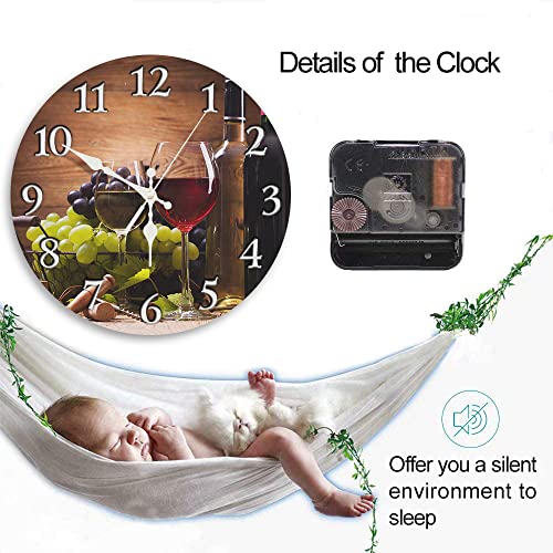 Round Wall Clock Silent Non-Ticking Clock 12 Inch, Glasses Red White Wine Grapes, Home Decor For Living Room, Kitchen, Bedroom, And Office #TOP3