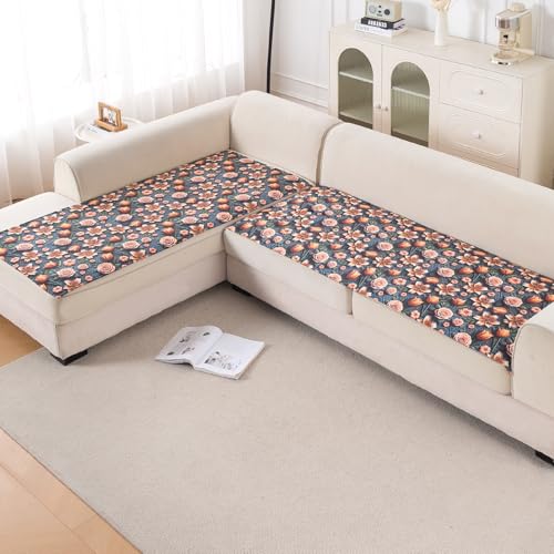Image of HOKIPO 'Nature Muse' Premium HD Printed Holland Velvet L Shape (3+2 Seater) Sofa Cover Seat Mat, Nocturne Rose (IN-916-D2 + IN-918-D2)