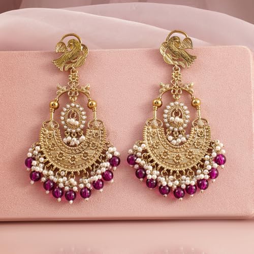 Image of Rubans Chandbali Earrings Kundan Pearl Beads Traditional Wedding Jewellery for Women & Girls