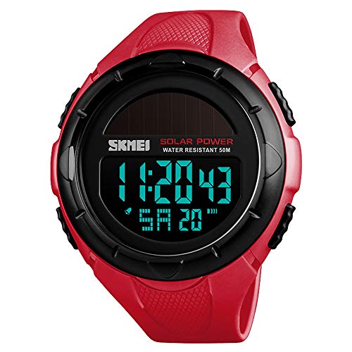 SKMEI - Reloj deportivo digital solar para hombre, resistente al agua hasta 50 m, esfera grande negra con cronómetro, alarma, resistente a los golpes, LED