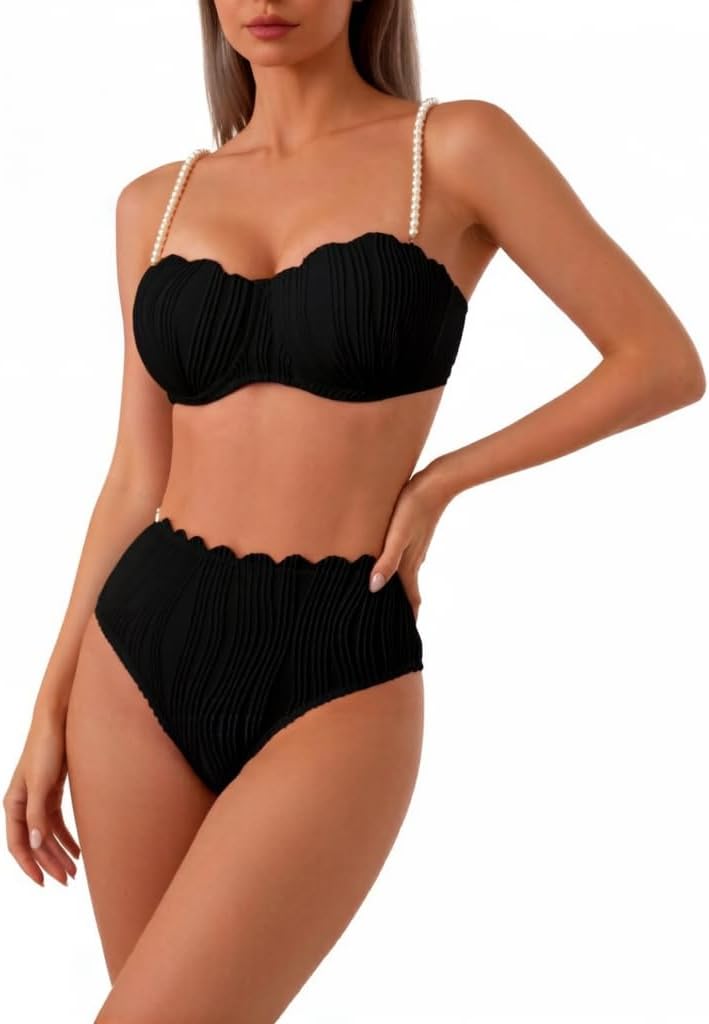 High Waisted Bikini Sets for Women 2 Piece Underwire Bandeau Swimsuit Tummy Control Bathing Suit Black