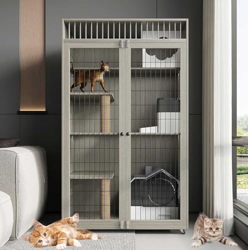 無垢材のペット木製キャットケージ 3段 爪とぎポスト付き大容量猫の別荘 、自在車輪付き, 移動便利キャスター付【AWdfcxm 90x60x150cm猫 ケージ 大型】多機能 取り外し可能 脱走防止 組み立て簡単 多頭飼い キャスター付き 広いスペース猫用