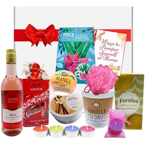 Rose Wine Gift Hampers & Pamper Gifts for Women - Bath Sets, Spa Gift Set, Pamper Kit - Birthday Hampers for Women, Relaxation Gifts for Her, Mothers Day Gifts for Mum, Wine Gifts for Women Cover