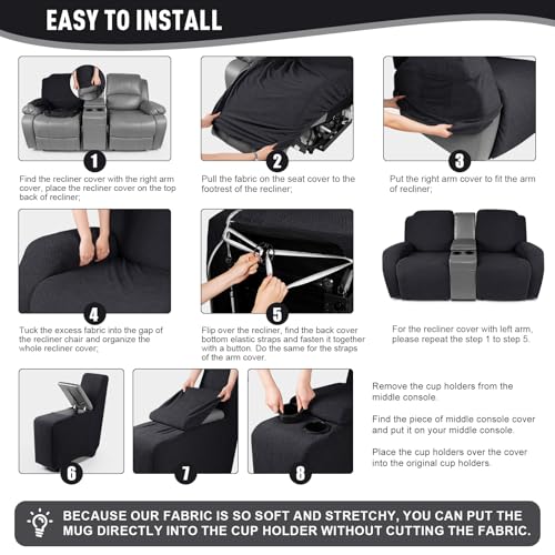 Image of KinCam Loveseat Recliner Covers with Middle Console Slipcover, Recliner Sofa Covers 2 Seat Couch Cover Stripe Jacquard Furniture Protector Covers with Elastic Bottom for Kids, Pets (Black)
