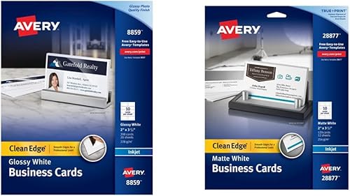 Avery Tarjetas de visita imprimibles, impresoras de inyección de tinta, 200 tarjetas, 2 x 3.5, borde limpio, peso pesado, brillante, blanco y dos