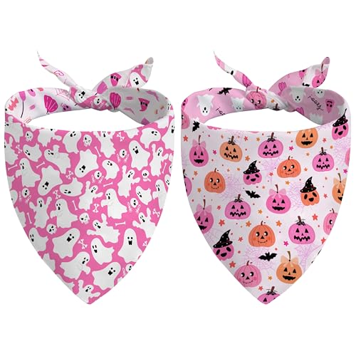 Halloween Dog Bandanas Reversible 2 Pack Small, Pink Pumpkin Ghos...