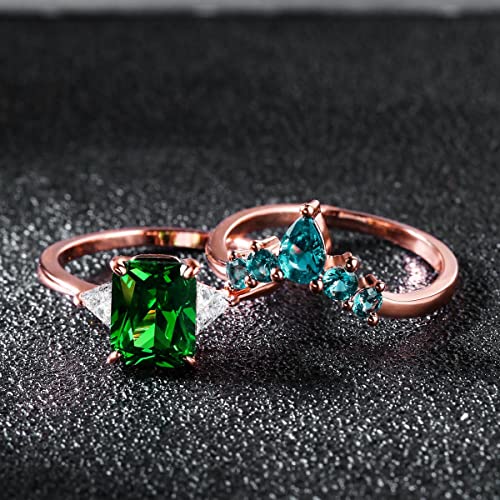 JIANGYUE Emerald Green Cubic Zirconia Stackable Statement Rings for Women Rose Gold White Crown Wedding Rings Set Mother's Day Jewelry Gift Size 5 6 7 8 9 104