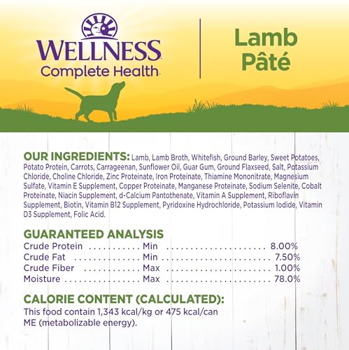 Image of Wellness Complete Health Pate Adult Canned Wet Dog Food, Wholesome Grains, Natural, Lamb and Sweet Potato, 12.5 oz, Pack of 12 Cans