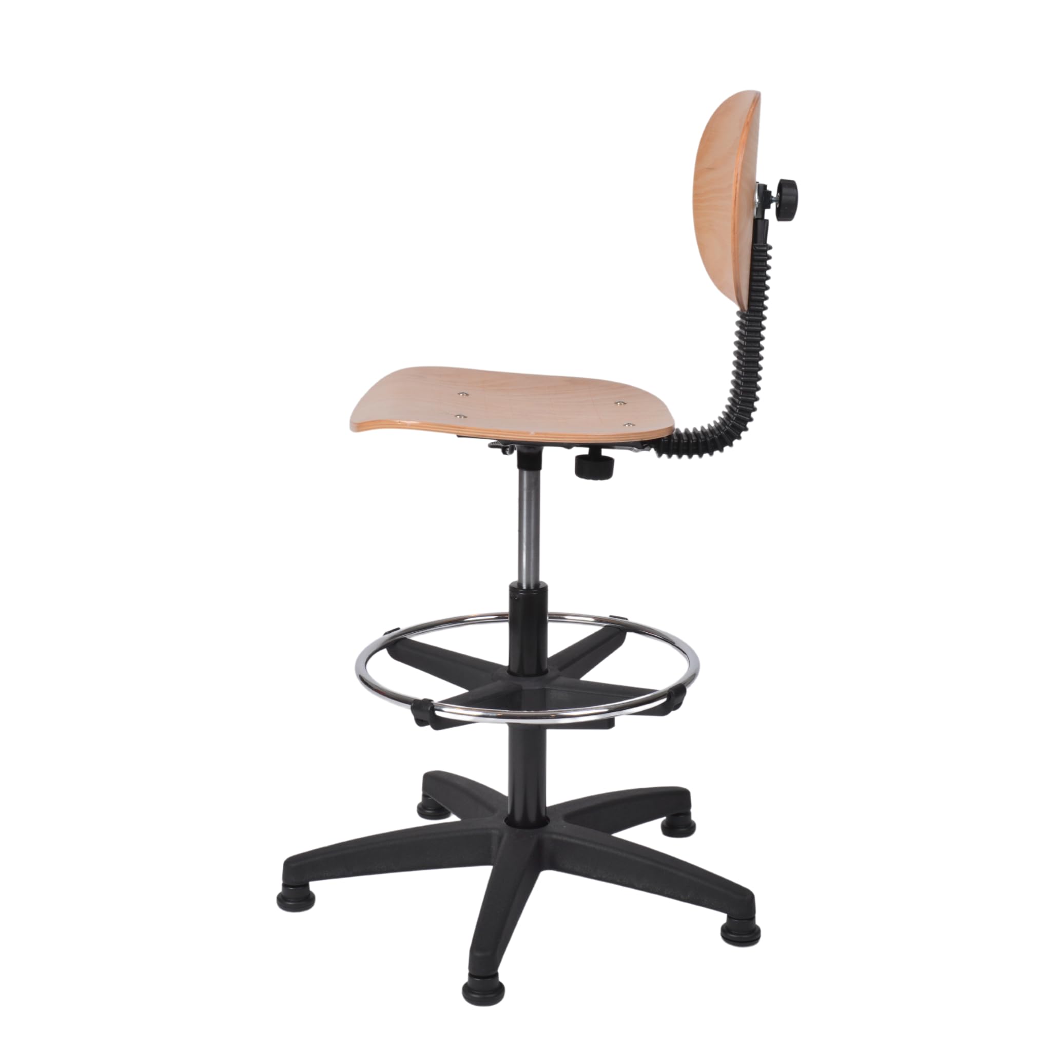 Topsit Sedia da lavoro IND114 in legno di faggio laccato chiaro, sedia da laboratorio, regolazione continua dell'altezza del sedile con Toplift, anello per piedi cromato, croce in plastica con piedini