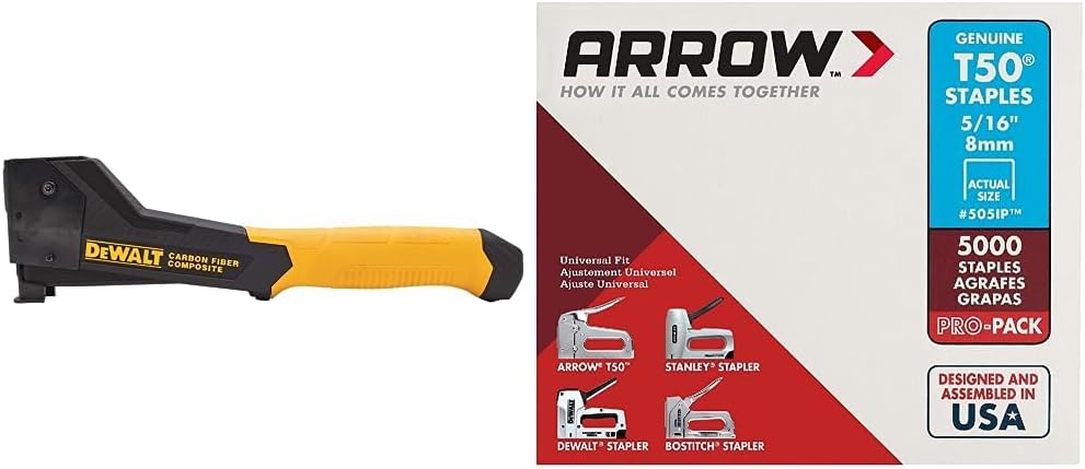 DEWALT Stapler, Carbon Fiber (DWHT75900) & Arrow Fastener 505IP Heavy Duty T50 Staples for Upholstery, Construction, Furniture, Crafts, 5/16-Inch Leg Length, 3/8-Inch Crown Size, 5000-Pack