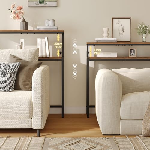 Image of HOOBRO Narrow Console Table with Adjustable Height (31.5 inch-37.4 inch), Set of 2 High Entryway Table, Skinny Behind Couch Table with 2 Tier Shelf, Sofa Table for Hallway, Rustic Brown and Black BF96XGP201