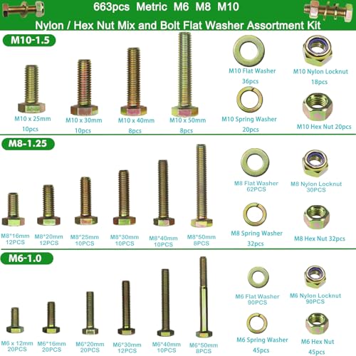 Image of 663pcs Metric M6 M8 M10 Nylon Locknut and Hex nut Mix, Hex Bolt Washer Assortment Kit by Color Galvanization,Alloy Steel,Grade 8.8 Heavy Duty.Length 12-50mm,16 Common Size.