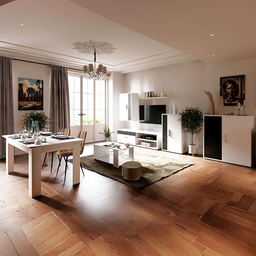 Miroytengo Pack Muebles de Salón ROM TV, 2 Módulos, Estantería, Aparador, Mesa Centro y Comedor Blanco y Negro Melamina