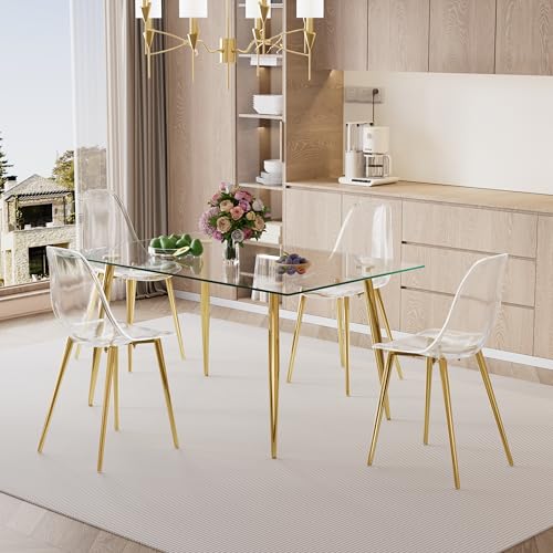 51 inch Glass Dining Table Set for 4, Dining Table & Chair Sets with Gold Plating Legs for Kitchen, Modern Rectangle Tempered Glass Table Top and Transparent Plastic Dining Chair for Dining Room