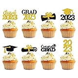 Graduation Cupcake Toppers 2023 Gold,32Pcs Glitter Class of 2023 Cupcake Toppers Party Decor,2023 Co