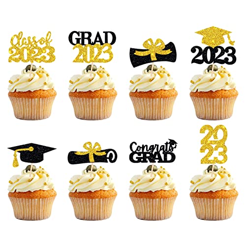 Graduation Cupcake Toppers 2023 Gold,32Pcs Glitter Class Of 2023 Cupcake Toppers Party Decor,2023 Congrats Grad Cap Cupcake Picks Toppers Graduation Party Decorations Supplies Gold And Black #TOP18
