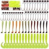 OROOTL Shaky Heads Grub Lures Kit, 60pcs Tungsten Shaky Head Jig Hooks Soft Baits for Bass Fishing Shakeyhead Jigs with Spring Screw Lock 1/4oz 1/8oz 1/16oz