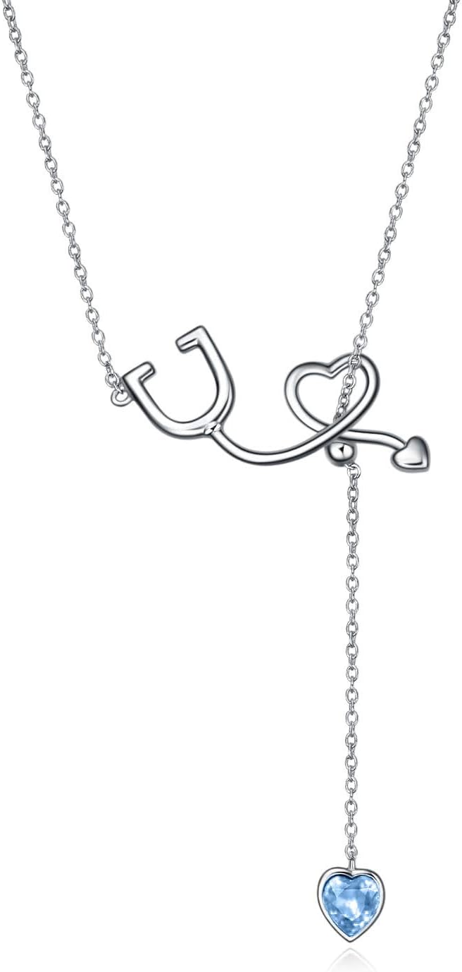 AOBOCO 925 Sterling Silver Stethoscope Y Lariat Nursing Pendant Necklace with Crystal from Austria, 2025 Nurse Gifts for Women Doctor RN Medical Student 22 Inches
