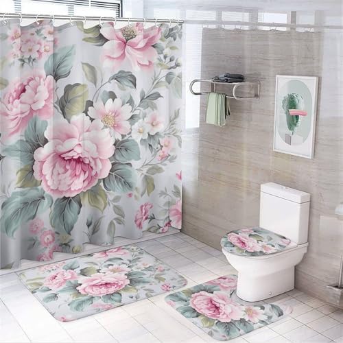4 Piece Bathroom Rug Set with Shower Curtain Rug Toilet Lid Cover and Non-Slip U Shape Mat Pink Rose Flowers Leaf Shabby Chic Beige Pink Waterproof Fabric Bath Curtain White Peony