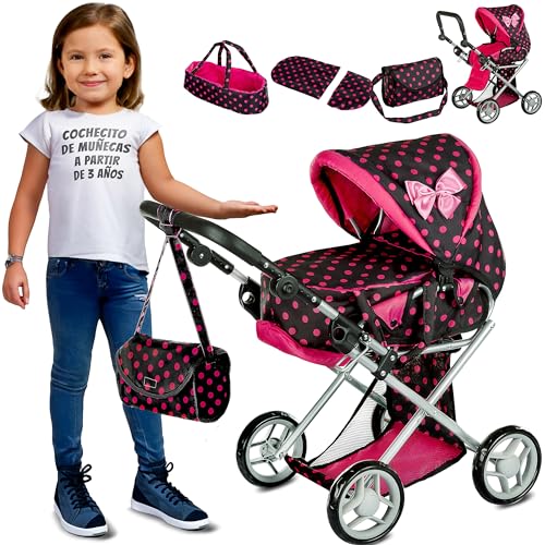 Kinderplay Cochecito de muñecas 3 en 1 – Marco de aluminio ligero y ruedas de espuma silenciosas – Altura ajustable 33 – 62 cm – Para muñecas de hasta 40 cm – Con bolsa de transporte y bolsa de hombro