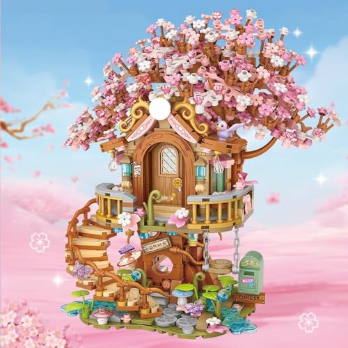 Image of SKY LINE OCEAN Japanese Cherry Blossom Tree House Building Set, 1149+ Mini Blocks, DIY Pink Sakura House Kit with Pond & Swing, Creative Gift for Girls & Kids Ages 14+ | 5 Year Structural Warranty