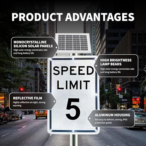 Señal solar LED intermitente de límite de velocidad, 5-95 MPH seleccionable, aluminio reflectante de 18 x 24 pulgadas, IP65 resistente a la intemperie, señal de tráfico de fácil montaje, vida útil LED
