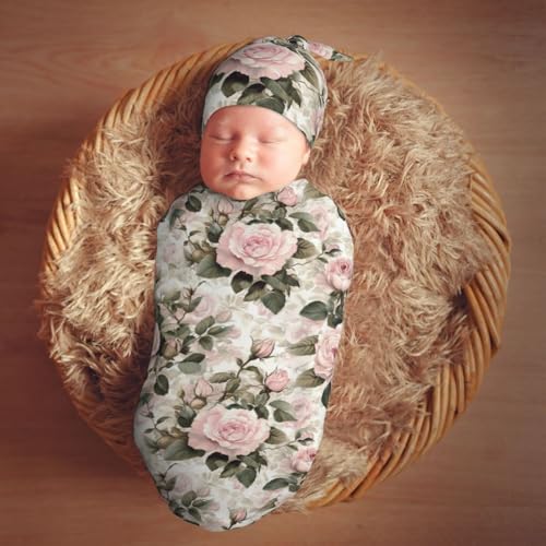 Image of Pink Vintage Rose Floral Swaddle Blanket with Beanie Hat Set Newborn Swaddle Wrap Soft Baby Receiving Blankets Baby Swaddle Blanket for Baby Boys and Girls