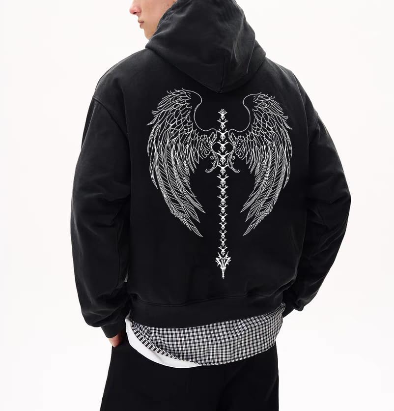 Unisex Y2K Aicd Wash Gothic Graphic Hoodies Oversize Grunge Skull Wing Print Sweatshirt Casual Fit Pullover - Image 2
