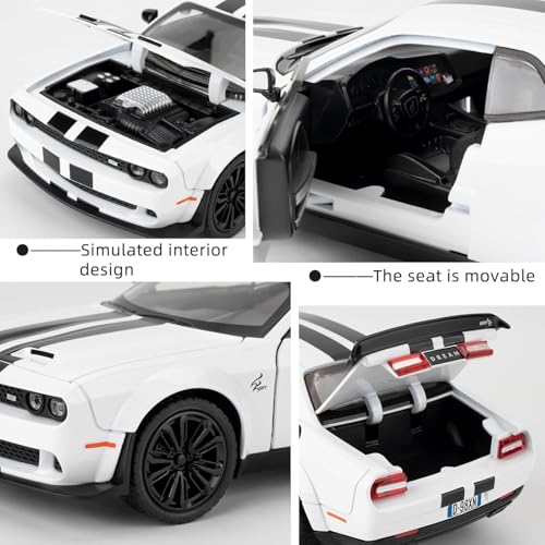 Image of WORSHIPER 1:22 Dodge Challenger SRT Exclusive Alloy Metal Pull Back Die-cast Car Model with Sound Light Mini Auto Toy for Kids for Toy Car with Sound and Light (1:22 Dodge Challenger SRT - White)