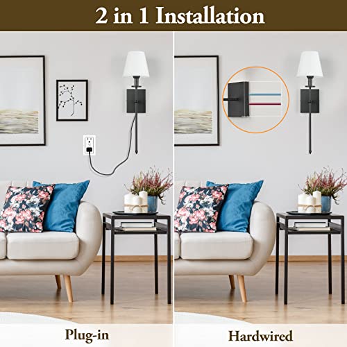 Set of 2 Slim Wall Sconces with White Fabric Shade, Plug in or Hardwired Indoor Wall Lights, Matte Black Bedside Wall Lantern Metal Column Stand Wall Lamp for Bedroom Living Room Vanity Bathroom Set of 2 Slim Wall Sconces with White Fabric Shade, Plug in or Hardwired Indoor Wall Lights, Matte Black Bedside Wall Lantern Metal Column Stand Wall Lamp for Bedroom Living Room Vanity Bathroom
