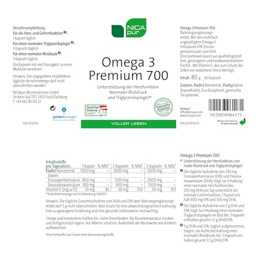 nicapur® Omega 3 Premium 700 | Hochkonzentriertes Omega-3 Fischöl mit EPA & DHA | Herz-, Gehirn- & Augenfunktion | Triglycerid-Form mit Vitamin E | 60 Kapseln