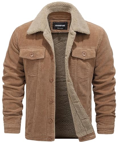 HOW'ON Men's Corduroy Jacket Sherpa Lined Warm Jackets Fur Collar Casual Coats