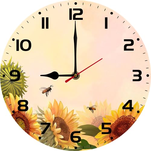 Horloge murale en bois 25 cm tournesol et abeille pour la cuisine