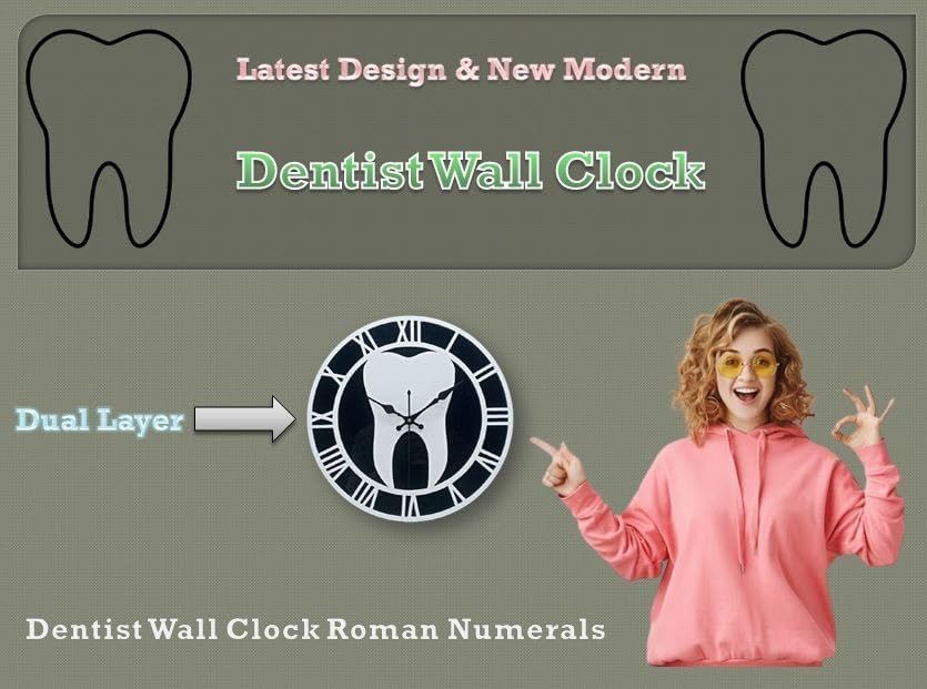 MASTANO Dentist Wall Clock Tooth Themed with Roman Number Wall Clock | Great Decoration for Dental Clinic, Hospital | Frameless Watch | Black & White | CL-31 3