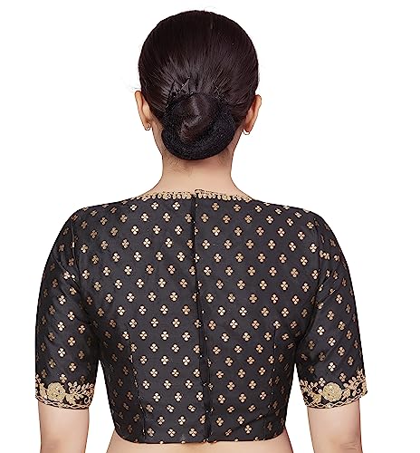 Image of Studio Shringaar Women's Brocade Embroidered V-Neck Readymade Elbow Length Sleeves Saree Blouse