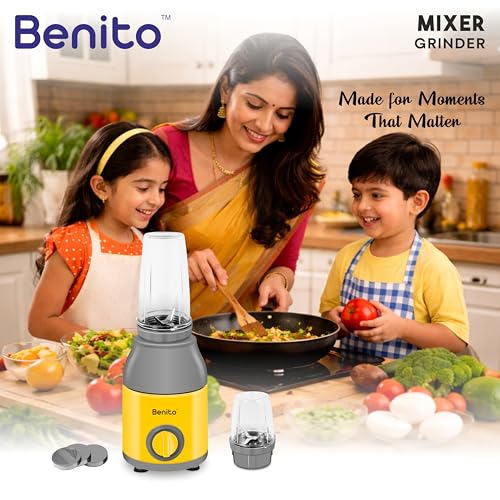 Image of Benito PRESSIO Nutri Mixer Grinder 550 watt with 2 Jars | Durable Shockproof ABS Body | Powerful Motor with Advanced Grinding Technology | Elegant Yellow & Grey Finish come with 1-Year Warranty