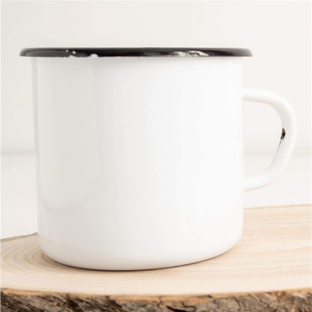 Hellweg Druckerei Emaille Kaffeebecher 12 oz 6er Pack - Weiß, Robust, 300 ml, 6 Stück (1er Pack), Zylindrisch, Rund, Wiederverwendbar, Ideal für Zuhause, Heißgetränke