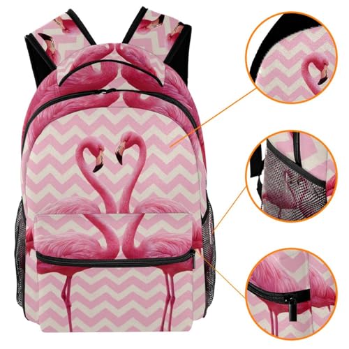 Pink Flamingo Couple Zigzag (3) Backpack for Boys & Girls with Adjustable Shoulder Straps, Carry Handle & Dual Drink Bottle Sleeves3