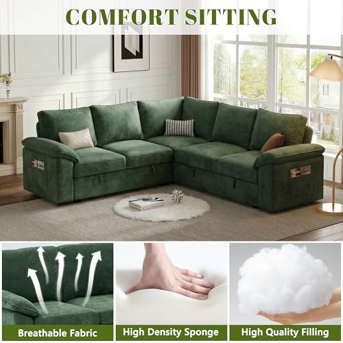 Image of 85 Inch Modular Sectional Sofa with Pull Out Bed, L Shaped 5 Seat Sectional Sleeper Sofa with Storage, Sectional Couches for Living Room, Cloud Modular Couch,Removable Sofa Cover,Green